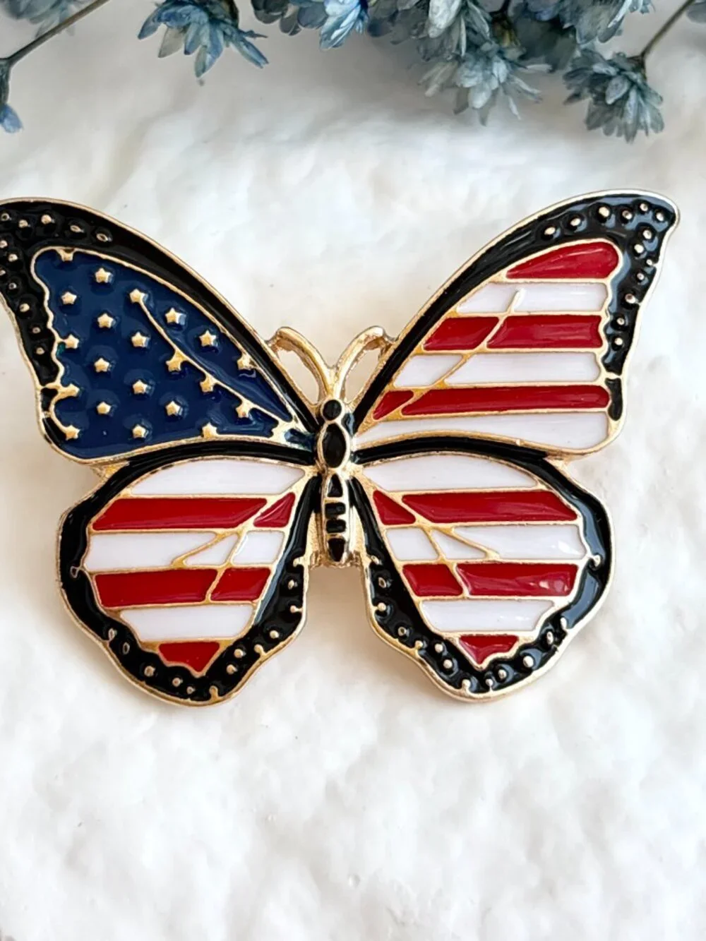 Butterfly Figural American Flag Enameled Gold Toned Patriotic Brooch Pin